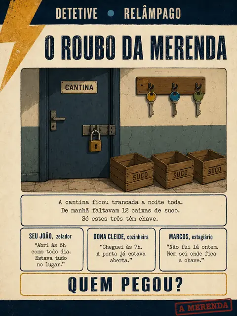 Página impressa do caso O Roubo da Merenda, com a cena da cantina, os três suspeitos e a pergunta Quem pegou